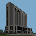 Modern Hospital Building With White Exterior Glass Curtain Wall Multiple Floors And Red Logo