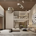 Modern Living Room With Wooden Ceiling Circular Pendant Lights Abstract Painting And Sofa