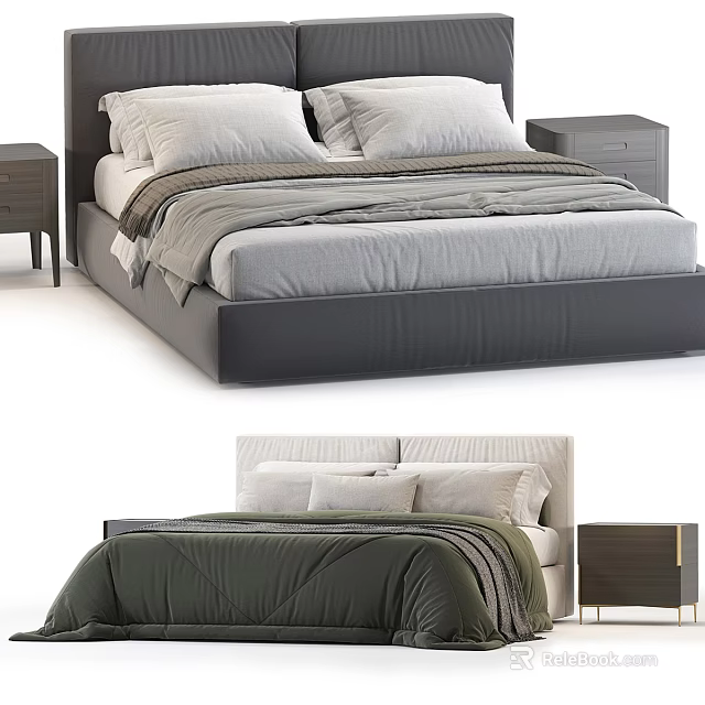 Modern Double Bed Interior With Upholstered Headboard Soft Bedding And Nightstands 3d model 