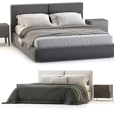 Modern Double Bed Interior With Upholstered Headboard Soft Bedding And Nightstands 3d model