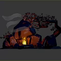 Natural Landscape With Wooden Curved Tree And Red Stone Pile Featuring Burning Campfire