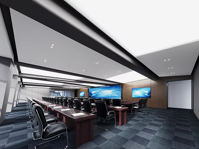 Modern Conference Room Interior Design With Long Table Black Chairs And Blue Screens 3d model