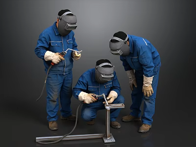 Three Workers Welding Metal Structure in Blue Overalls With Welding Masks 3d model