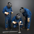 Three Workers Welding Metal Structure in Blue Overalls With Welding Masks
