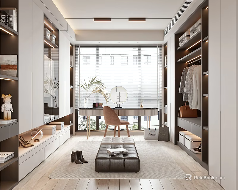 Modern Walk In Closet Design With Open Wardrobes Mirror Storage And Seating Solutions 3d model 