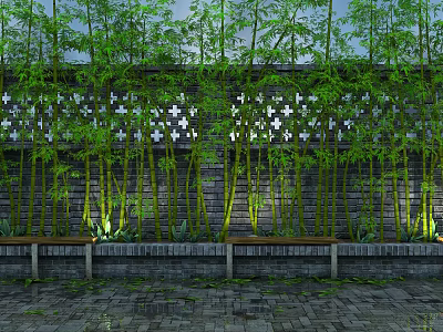 Building Exterior Wall With Lush Bamboo Trees Hollowed Cross Design Stone Pavement And Wooden Benches 3d model