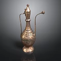 Intricate Patterned Metallic Household Item With Spout And Handle Design