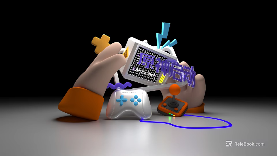 Game Console With Controllers Being Operated By Hands And Power Indicators 3d model 