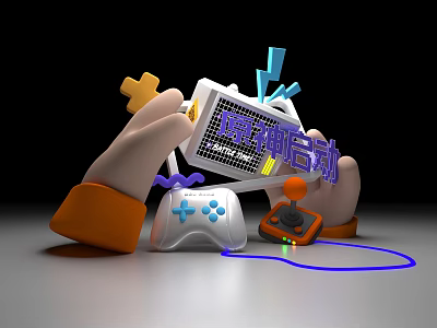 Game Console With Controllers Being Operated By Hands And Power Indicators 3d model