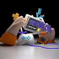 Game Console With Controllers Being Operated By Hands And Power Indicators