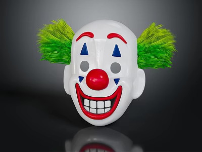 White Clown Mask Featuring Green Feather Hair Red Nose Blue Triangles Smiling Face And Teeth 3d model