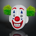 White Clown Mask Featuring Green Feather Hair Red Nose Blue Triangles Smiling Face And Teeth