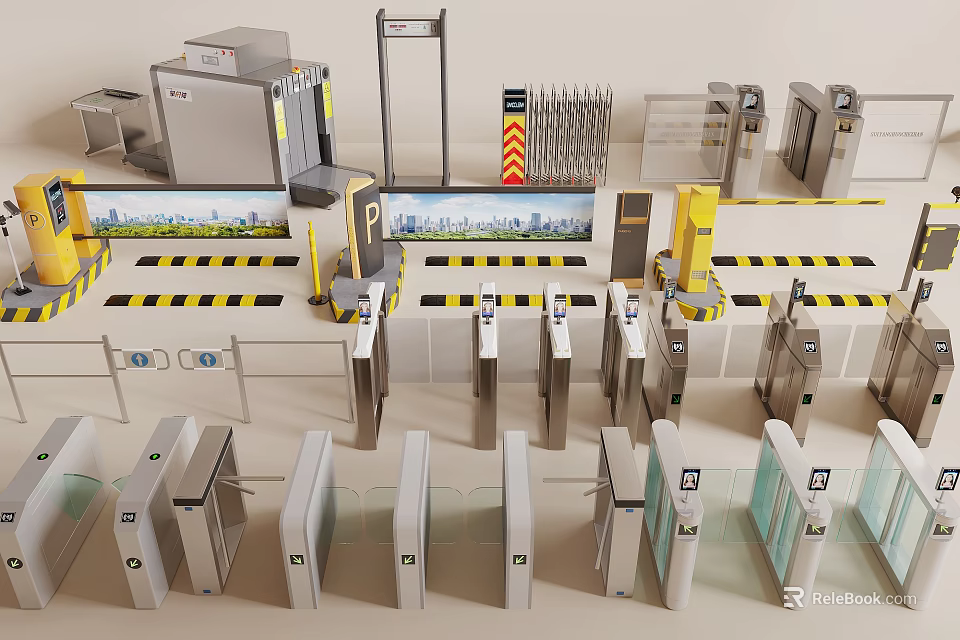 Security Access Control Systems With Various Turnstiles Gates And Security Inspection Equipment 3d model 