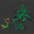 Lush Green Pine Tree Surrounded By Various Plants Ferns And Colorful Flowers