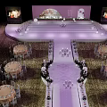 Garden Landscape With Outdoor Purple Stage Steps Tables And Decorative Vases