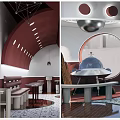 Modern Milk Tea Shop Interior With Red White Arched Decor Circular Windows And Seating