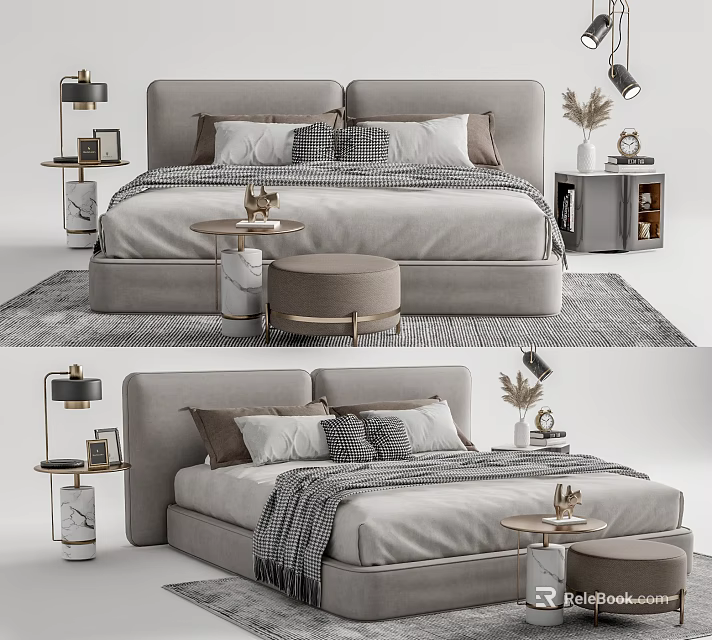 Modern Double Bed Interior Design with Upholstered Headboard Bedside Tables and Decorative Pillows 3d model 