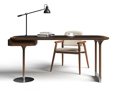 Modern Wooden Desk With Books Lamp White Mug And Chair 3d model