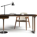 Modern Wooden Desk With Books Lamp White Mug And Chair