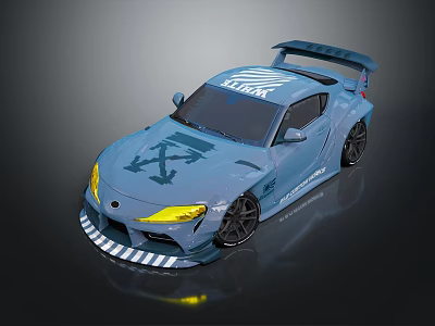 Light Blue Saturn Sports Car With Rear Spoiler Yellow Headlights And Aerodynamic Kit 3d model