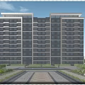 Modern High Rise Residential Building With Gray White Exterior And Green Landscaping