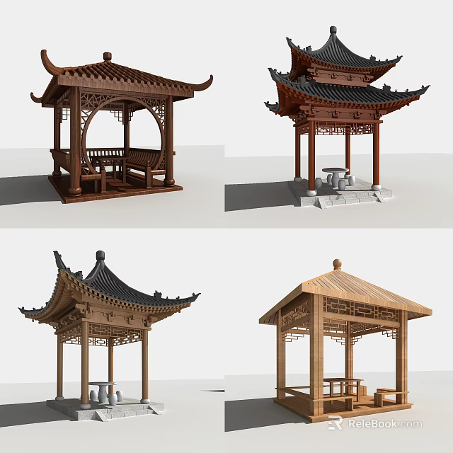 Traditional Chinese Wooden Pavilions With Diverse Roof Designs And Classic Architectural Details 3d model 