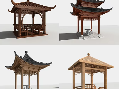 Traditional Chinese Wooden Pavilions With Diverse Roof Designs And Classic Architectural Details 3d model