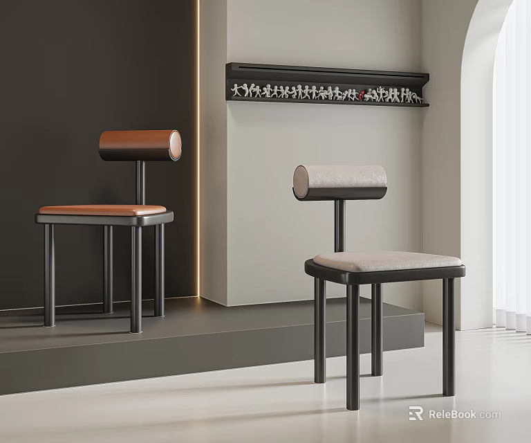 Modern Minimalist Dining Chairs With Leather And Fabric Backs And Black Metal Legs 3d model 