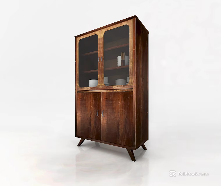 Wooden Sideboard with Glass Doors Displaying White Cups and Jars Cabinet Doors on Slim Legs 3d model 