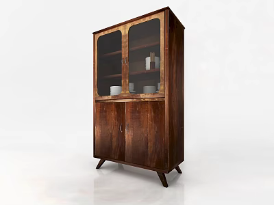 Wooden Sideboard with Glass Doors Displaying White Cups and Jars Cabinet Doors on Slim Legs 3d model