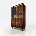 Wooden Sideboard with Glass Doors Displaying White Cups and Jars Cabinet Doors on Slim Legs