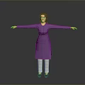 3D Rendered Woman In Purple Dress And White Pants With Arms Outstretched On Gray Background