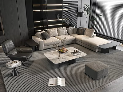 Modern Sectional Sofa and Marble Coffee Table Set with Throw Pillows Accent Chair and Ottoman 3d model