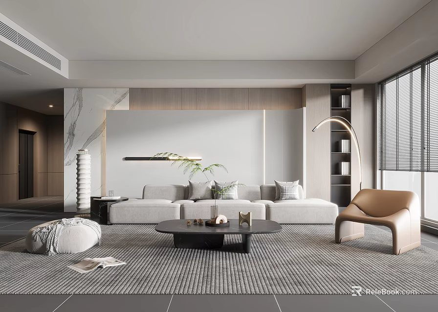 Modern Elegant Living Room Interior Design with Beige Sofa Brown Accent Chair Black Coffee Table 3d model 