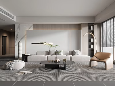 Modern Elegant Living Room Interior Design with Beige Sofa Brown Accent Chair Black Coffee Table 3d model