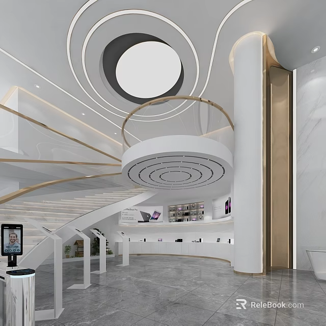 Modern Reception Desk Interior With Circular Lighting And Marble Countertop 3d model