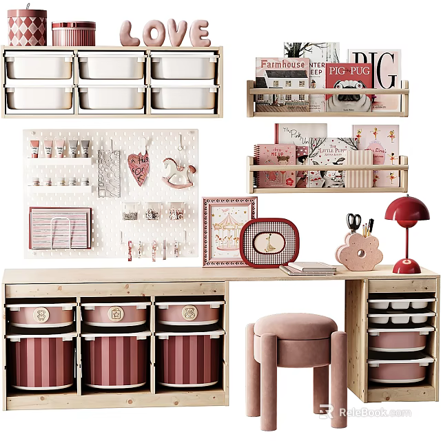 Wooden Kids Desk With Storage Drawers Pink Stool And Decorative Frames 3d model 