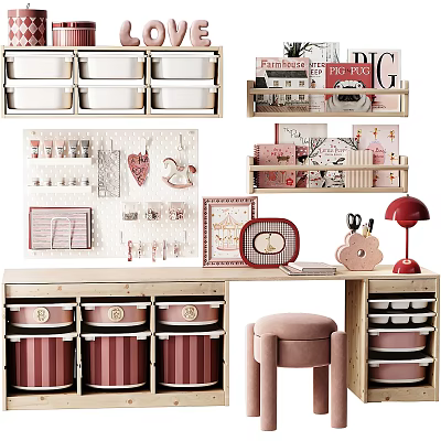 Wooden Kids Desk With Storage Drawers Pink Stool And Decorative Frames 3d model