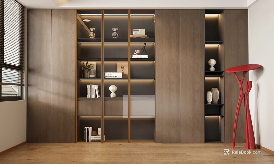 Modern Built in Wooden Bookcase With Glass Doors Shelves Books And Decor 3d model 
