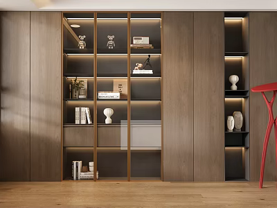 Modern Built in Wooden Bookcase With Glass Doors Shelves Books And Decor 3d model