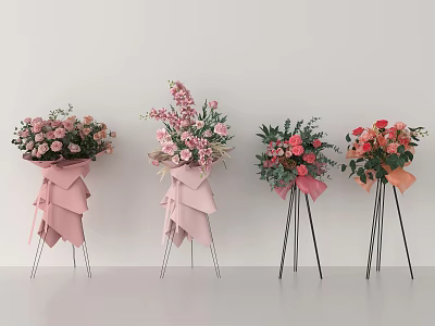 Beautiful Floral Vase Arrangements with Pink Red Flowers Ribbon Decorations on Metal Stands White Background 3d model