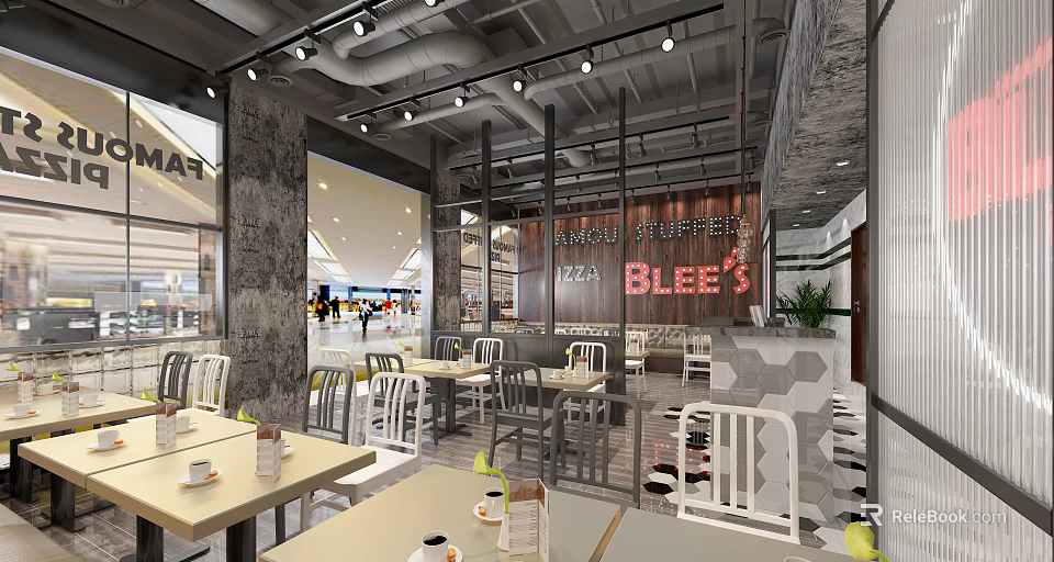 Modern Pizza Restaurant Interior With Tables Chairs Ceiling Lights And Open Layout 3d model