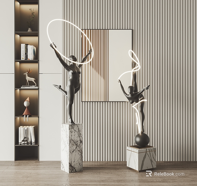 Modern Interior Decor With Black Metal Dancer Sculptures Illuminated Halo And Marble Base 3d model 