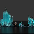 Illuminated Blue Ice Crystal Art Installation On Black Background With Water Reflection And People Nearby