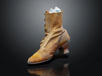 Vintage Brown Leather Lace Up Boots with Block Heel Worn Details and White Insole 3d model