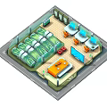 Cartoon Futuristic Interior Scene with Transparent Pods Green Lights Orange Chairs Desktops and Red Boxes