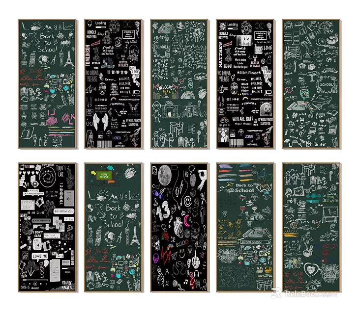 Wall Hangings with Hand Drawn Doodle Art Chalkboard Style Various Patterns and Icons 3d model 