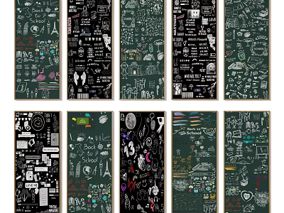 Wall Hangings with Hand Drawn Doodle Art Chalkboard Style Various Patterns and Icons 3d model