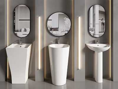 Modern Washbasin Design Featuring Three Styles Round Mirrors and Vertical Lighting on Gray Wall 3d model