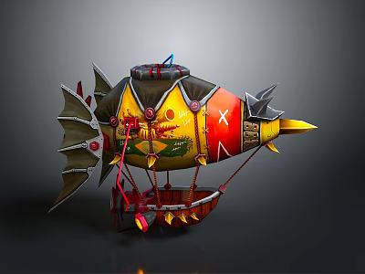 Colorful Decorative Airship Model With Yellow Red Patterns Dragon Wings And Cabin 3d model